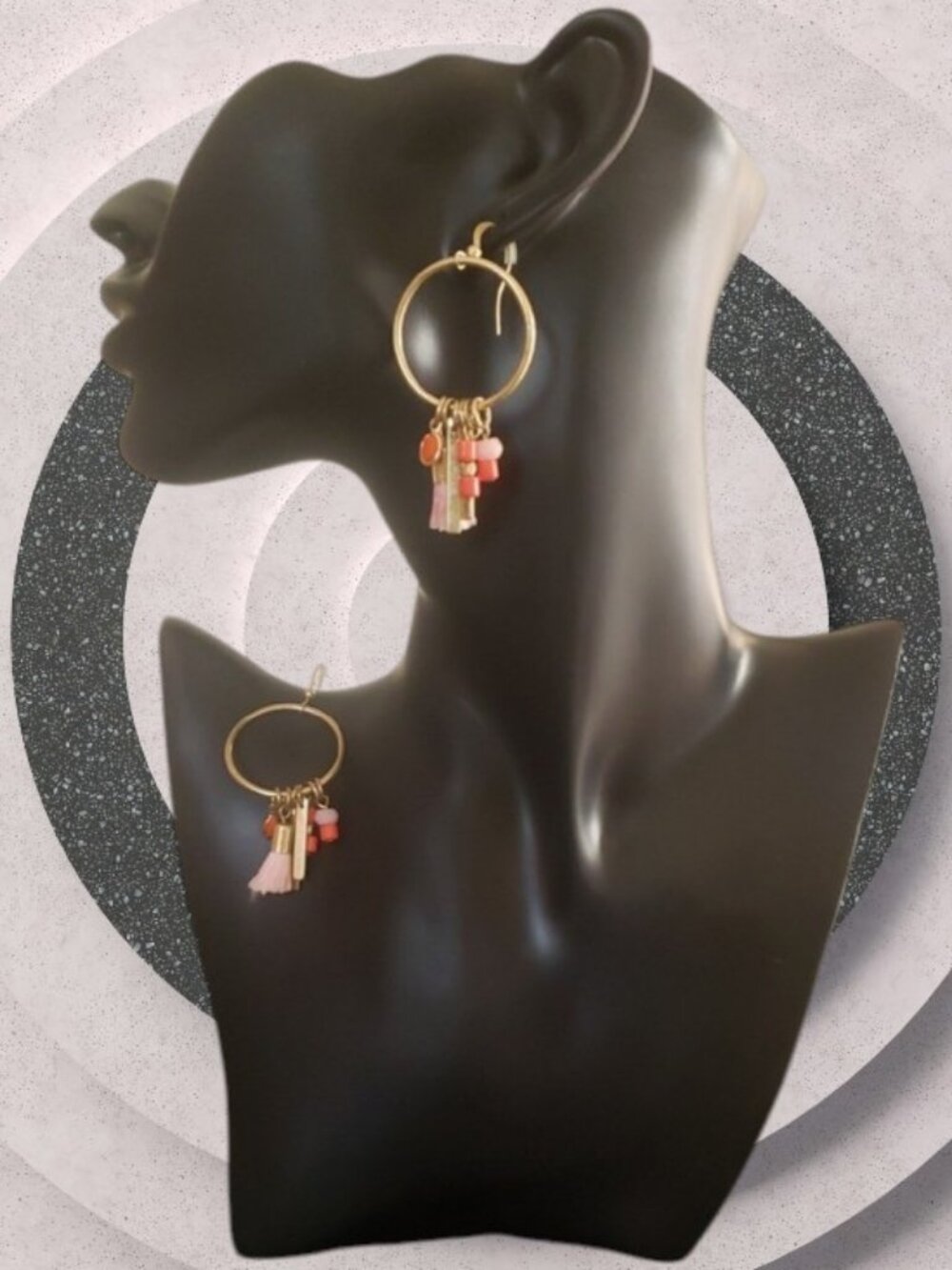 Women’s Goldtone Dangle Tassel Hoop Earrings w/Coral, Pink & Gold Accents